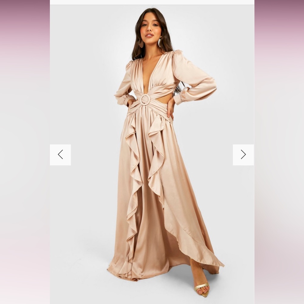 BOOHOO SATIN RUFFLE PLUNGE MAXI DRESS